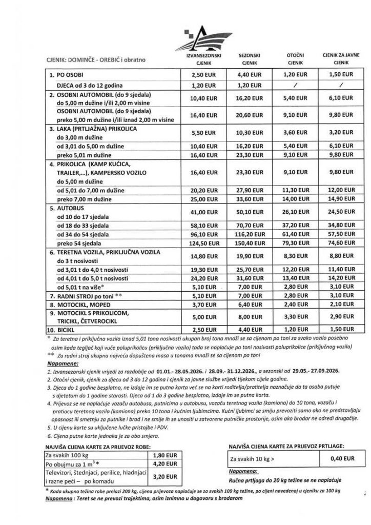 Ferry Orebić Korčula Dominče Price