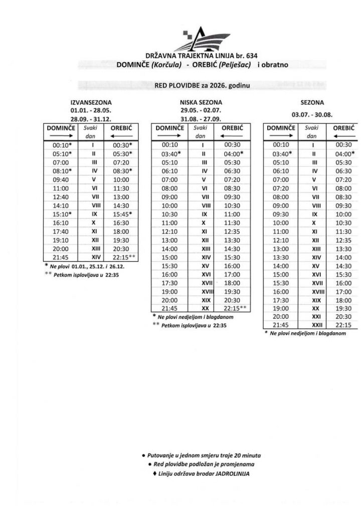 Ferry Orebić Korčula Dominče Timetable 2026